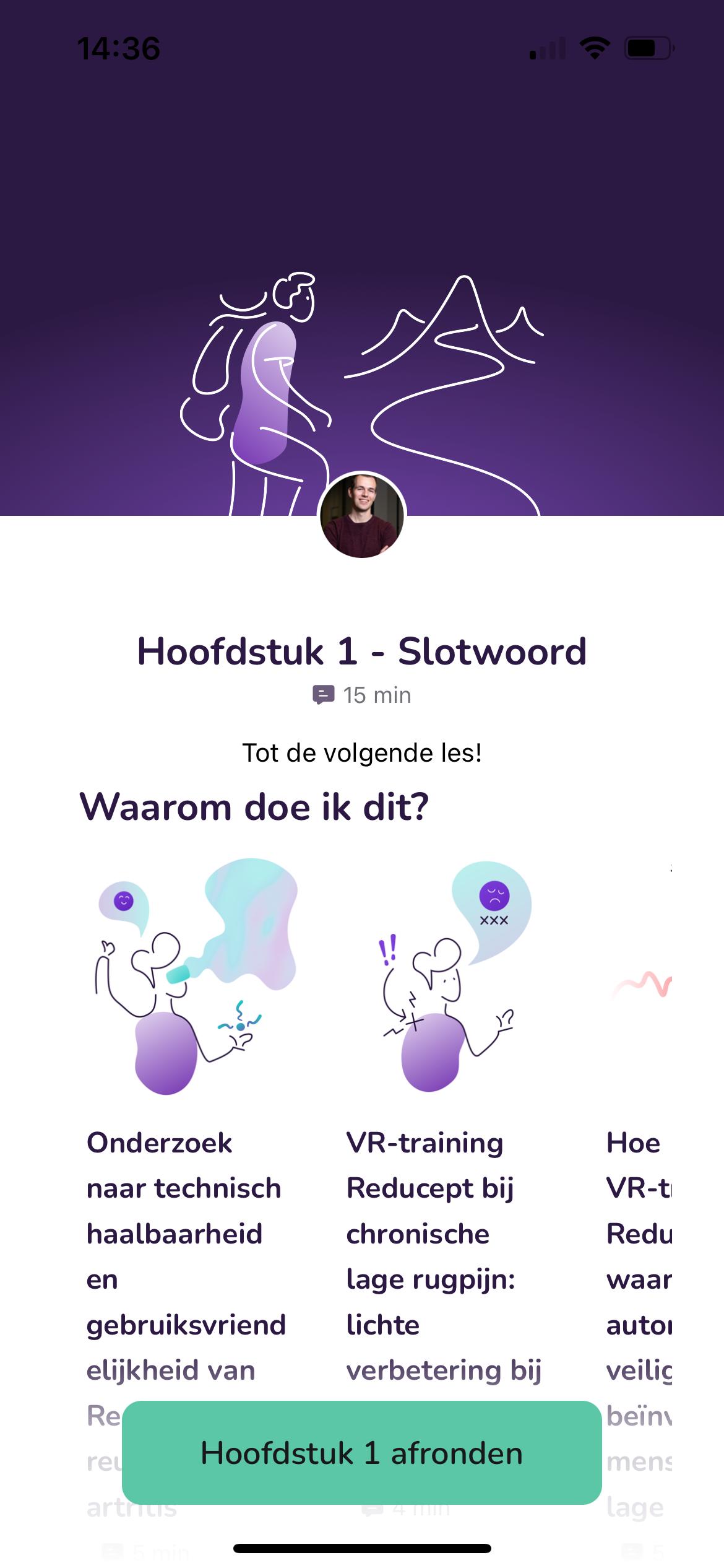 Pijnvrij app schermvoorbeeld - VR training en educatie modules