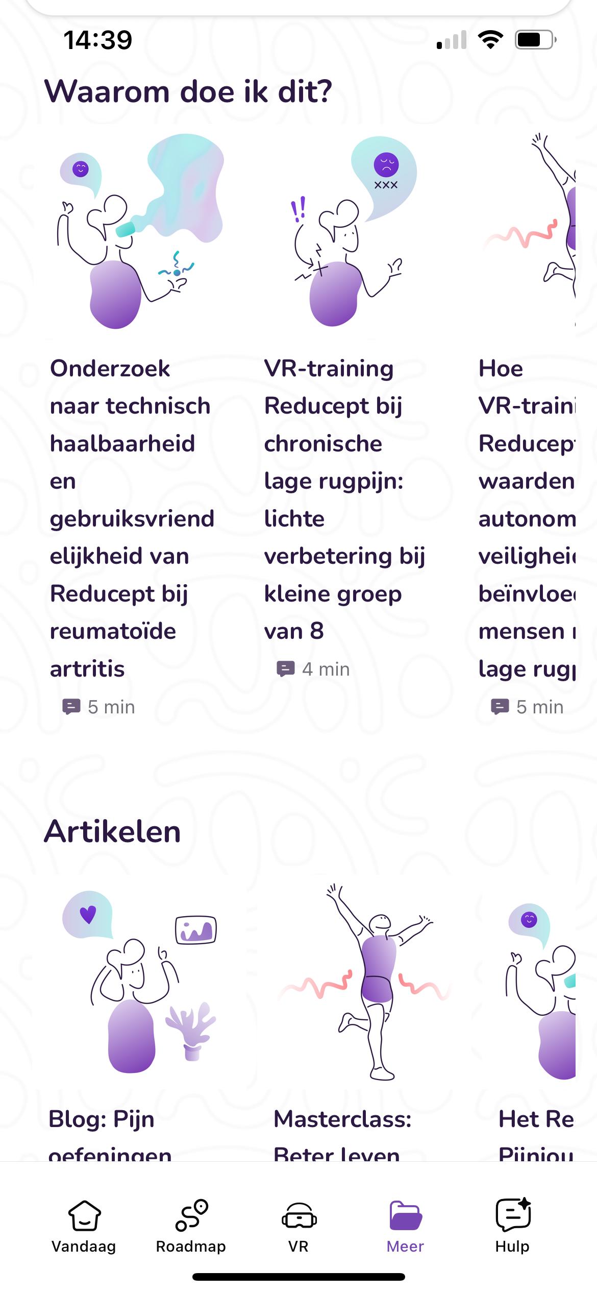 Pijnvrij app schermvoorbeeld - VR training en educatie modules
